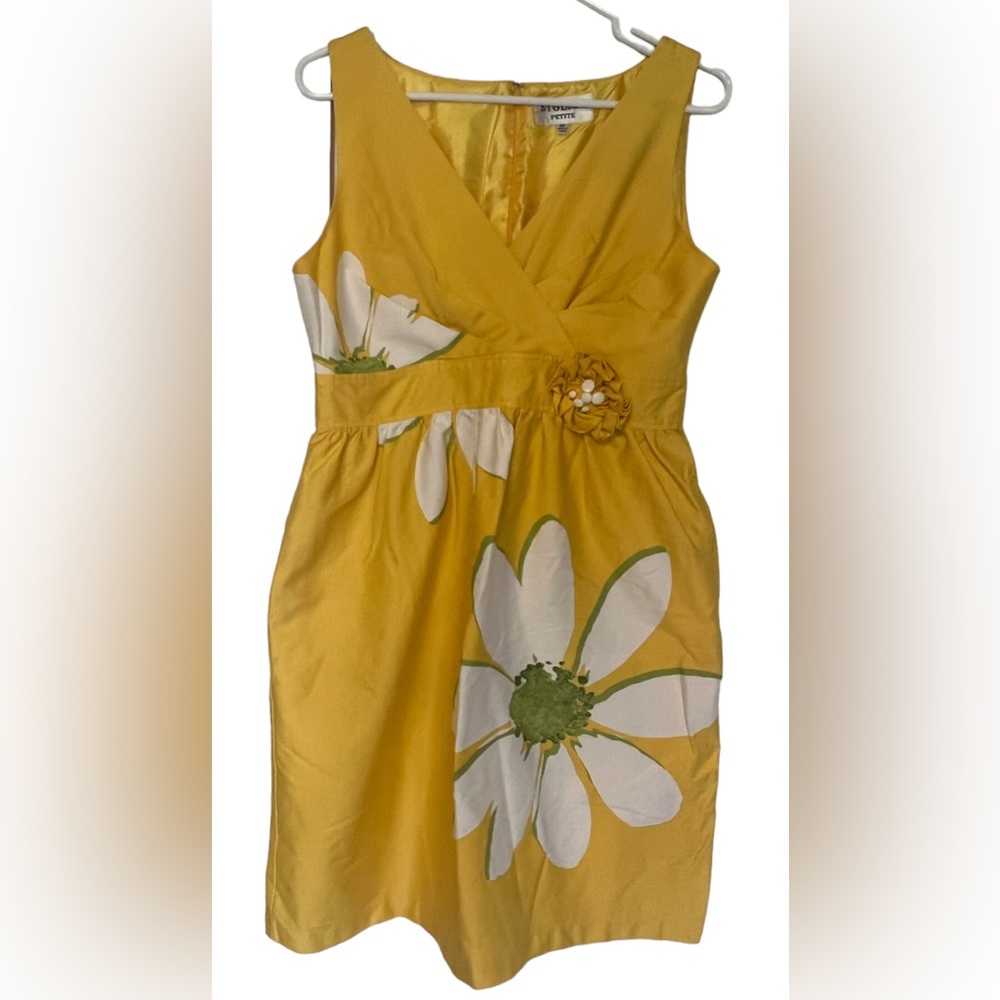 Studio I Yellow Sleeveless V-Neck Daisy A-Line Mid length Dress Sz12P Cotton